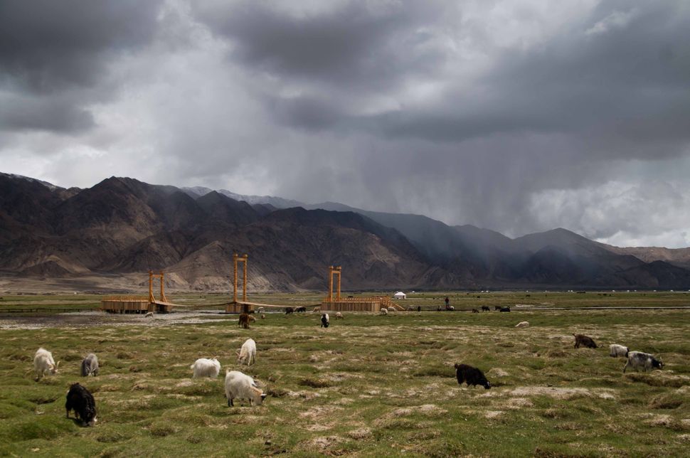 Sheep grazing near Tashkurgan, storm clouds