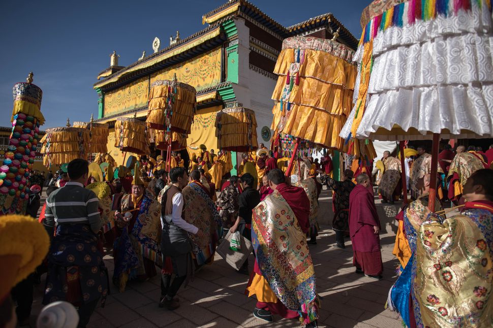 Thangka display in Sengshong Gaden Phuntsok Choeling Monastery, Rebgong, Qinghai